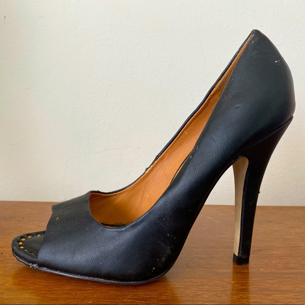 Black peep toe stiletto heels w/ gold stud detail